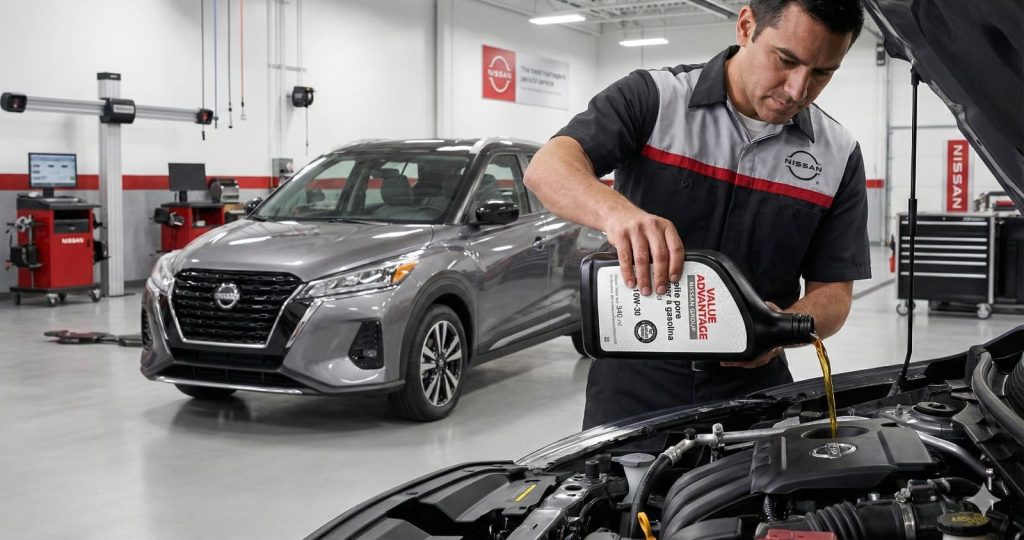 Técnico poniendo aceite value advantge de Nissan a un Sentra 2026.