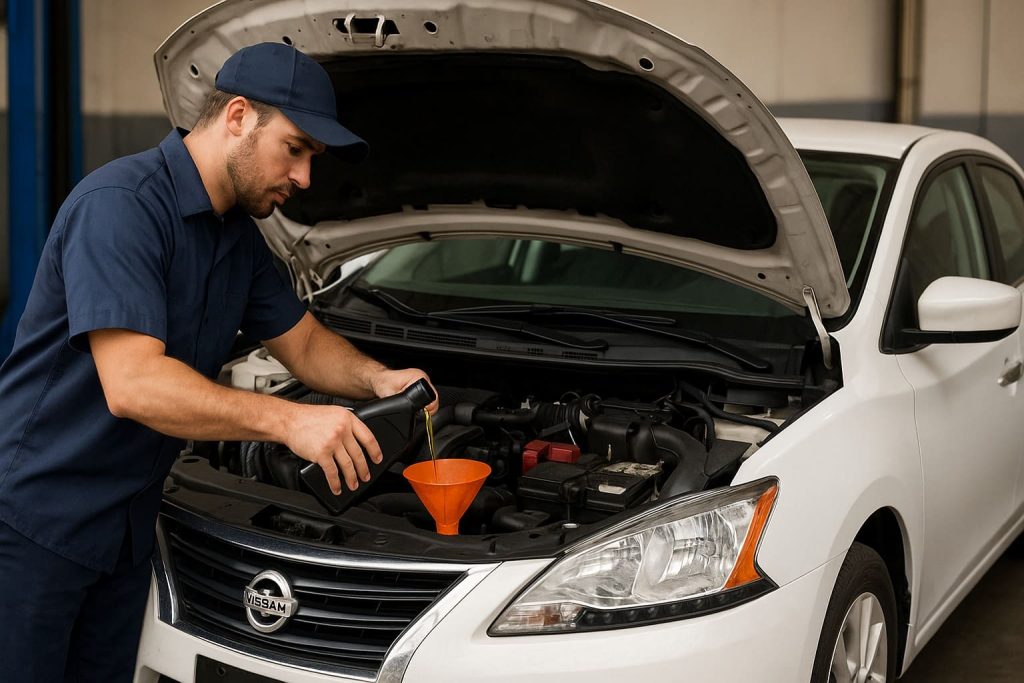 Mecánico revisando el aceite a un Nissan Versa en Coapa.